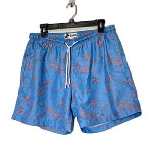 Men’s Swim Trunks Blue Pink Tropical Print Size L Mesh Lined Beach Shorts
